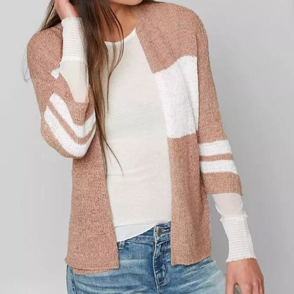 Buckle Daytrip Cardigan Sweater Ribbon Yarn Knitted Open Flyaway Tan Striped - Picture 2 of 9